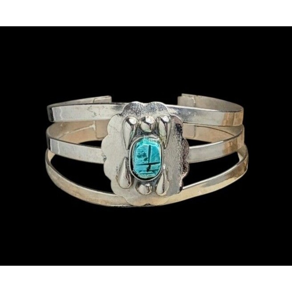 Vintage Egyptian Revival Scarab Beetle Cuff Bracelet Silver tone